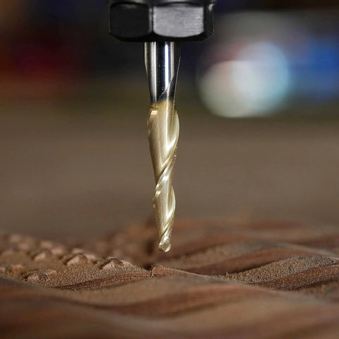 Tapered Ball Nose End Mill For 3D Carving With One Quarter Inch Shank And One Thirty Second Inch Radius ZrN Coated Two Flute Router Bit For Engraving And CNC Wood Sign Making SpeTool in use