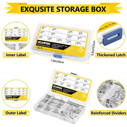 Open storage box showing Cotter Pins Kit, 320Pcs Stainless Steel Hairpin Clips And R Clips For Automotive, Axles, Trailer Hitch
