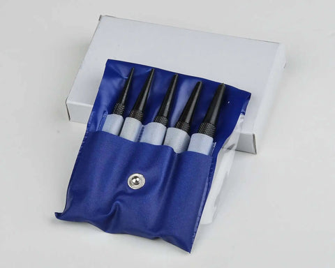 Center Punch 5 Piece Set for Metalworking, Pro Grade Chrome Alloy Steel With Hardened Ends, Black Nitrate Finish in blue case