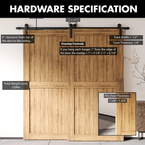 Rustic Black Single Track Bypass Sliding Barn Door Hardware Kit For Double Doors 18 Foot Flat Track front installed view.