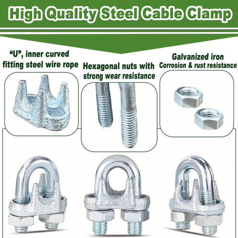 200-pack 5/16 in M8 zinc-plated U-bolt wire rope clamps with nuts, heavy-duty silver