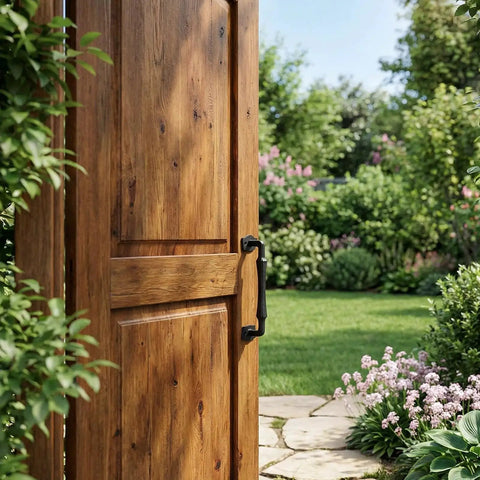 Wooden garden gate with 10 Inch Sliding Barn Door Handle Matte Black Cast Iron Door Pull For Fence Gate Garage Shed Closet Cabinet Pantry Screws Included Easy Install Rustic Square Design Durable Cast Iron Construction Matte Black Powder Coat For Long Lasting Rust Resistant Use