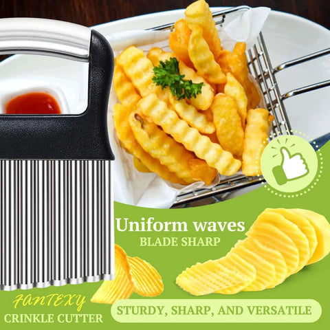 Crinkle Cutter for Veggies and Potatoes With Waffle Fry Style Wave Blade for Easy Slicing and Fun Fries by FANTEXY shown near crinkle-cut fries.