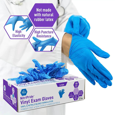 Nitrile Vinyl Blend Exam Gloves Powder Free Latex Free Disposable Non Sterile Blue Large Box Of 100 displayed with gloved hand