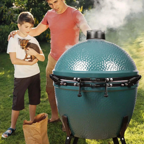 X Large Green Egg Hinge And Band Replacement Kit installed on Big Egg grill with carbon steel hinges and tough springs in a garden setting