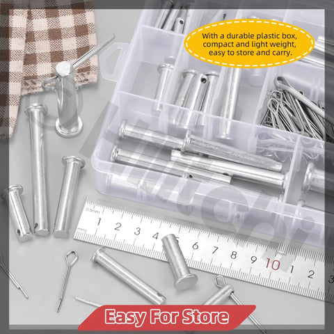51 Piece Clevis Pins Assortment Kit With Zinc Plated Cotter Pins Includes 18 Sizes M5 M6 M8 M10 M12 Flat Head Single Hole Round Pins T Shape Design Great For Mechanical Repair Automotive And DIY Projects in storage box with ruler for scale
