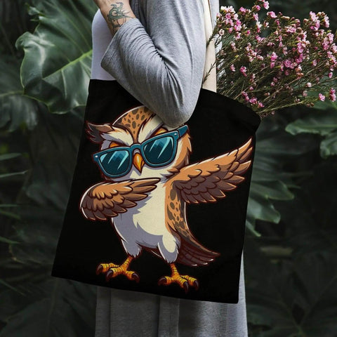 Cool Owl Wearing Sunglasses Canvas Tote Bag For Women Reusable Shoulder Bag with flowers over shoulder