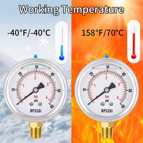 Two BPSSDI glycerin-filled low-pressure gauges, 2.5-inch dial, 0-60 psi, 1/4 in NPT lower mount, 304 stainless steel case.