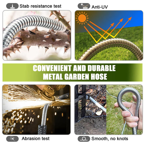 50ft stainless steel metal garden hose with 10-function nozzle for outdoor use; flexible and anti-kink.
