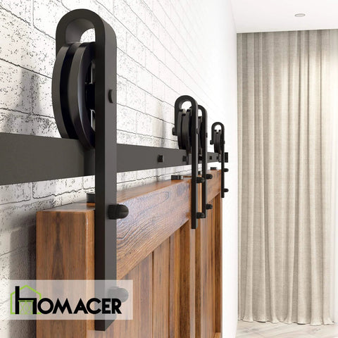 Side view of Black Rustic Non Bypass Sliding Barn Door Hardware Kit For Two Doors 12 Foot Flat Track With Spoke Wheel Rollers Heavy Duty