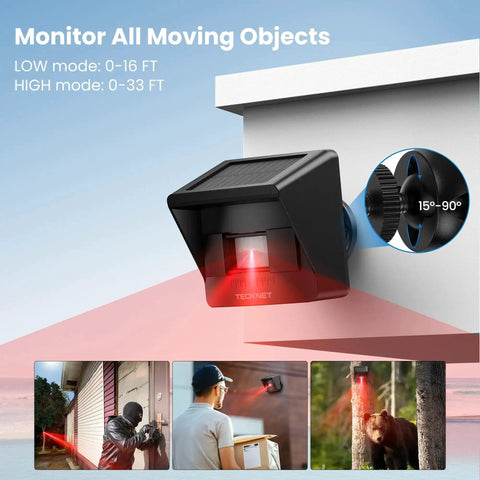 Solar Wireless Driveway Alarm System With 2600 Ft Range 36 Melodies Five Volume Levels Weatherproof Motion Sensor installed outdoors