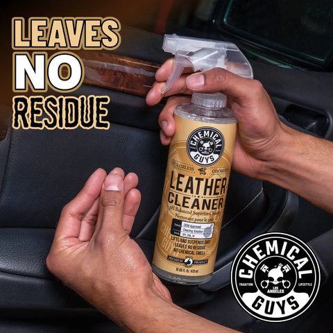 Leather Cleaner For Cars And Home Use With Colorless Odorless Formula PH Balanced Safe On Natural Synthetic Pleather And Faux Leather 473 Ml By Chemical Guys Today in hands with a spray nozzle.