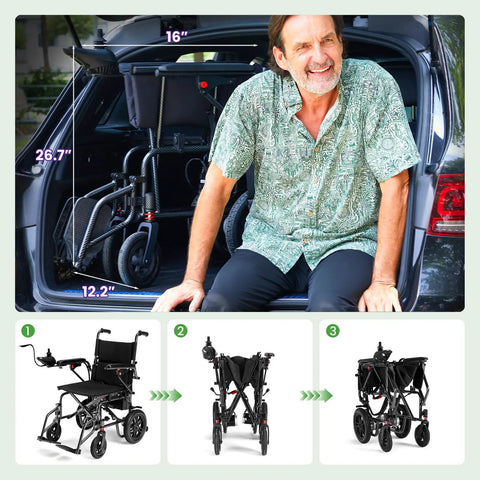 SUNDERWELL foldable electric wheelchair, black, for adults with removable battery and dual-brake, in car trunk.
