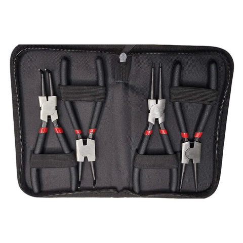 4 Piece 7 Inch Snap Ring Pliers Set With Internal And External Circlip Pliers, Straight And 90 Degree Angled Jaws in black case