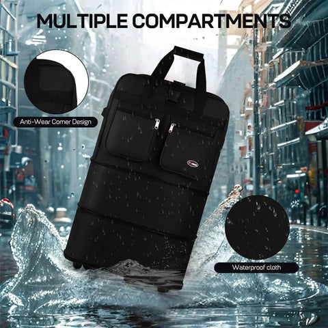 Expandable Rolling Duffle Bag With Wheels For Travel in black, showcasing multiple compartments, waterproof Oxford fabric, standing in urban rain.