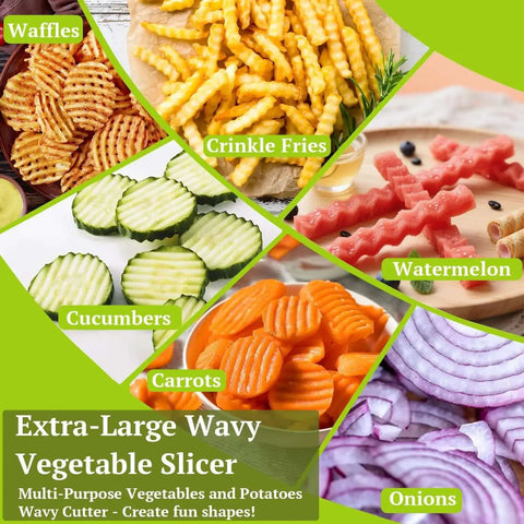 Extra Large Crinkle Cutter For Potatoes And Veggies By Suuker Pro Grade Stainless Steel Wavy Chopper demo with cut vegetables