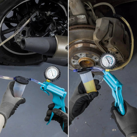 Duratech 2-in-1 brake bleeder kit with handheld vacuum pump, blue plastic; split view shows tubing at wheel and gauge on brake caliper.