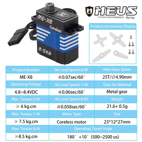 Coreless RC Micro Servo 8.5KG High Torque with metal gears and specifications for RC crawlers, featuring ME-X8 design.