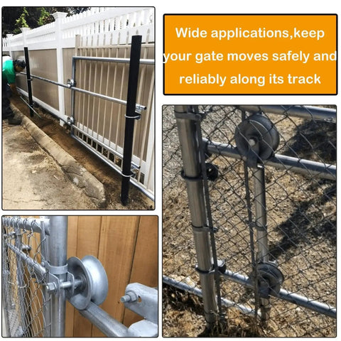 Sliding Gate Rollers 5 Inch Steel Wheel Galvanized For 1 And 5 Eighth Inch Pipe Track Fits 1 And 5 Eighth Inch Gate Frame Pack Of 2 Durable Track Rollers For Smooth Quiet Operation And Long Lasting Use installed on various gates.