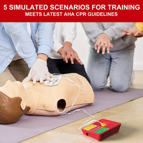 Training session with realistic AED trainer and simulator for home use with lightweight portable defibrillator training device.