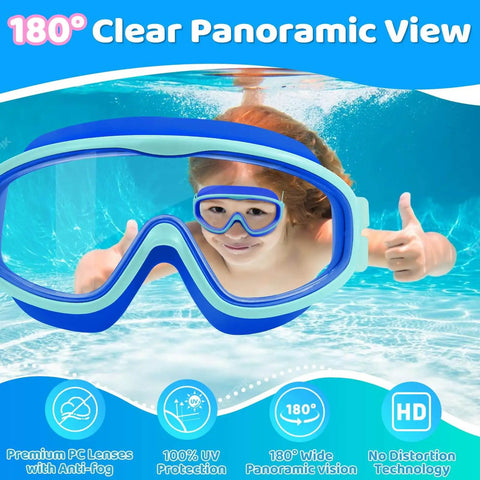 Kids Swim Goggles 2 Pack With No Hair Pulling Comfort Fabric Strap For Ages 3 To 14, 180-degree view, underwater use, UV protection.