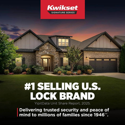 Kwikset Signature Series ad highlighting #1 selling U.S. lock brand with a residential home in the background at dusk.