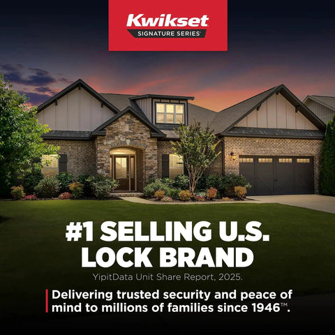 Kwikset Signature Series lock brand advertisement with house image and text about security and popularity in the U.S.