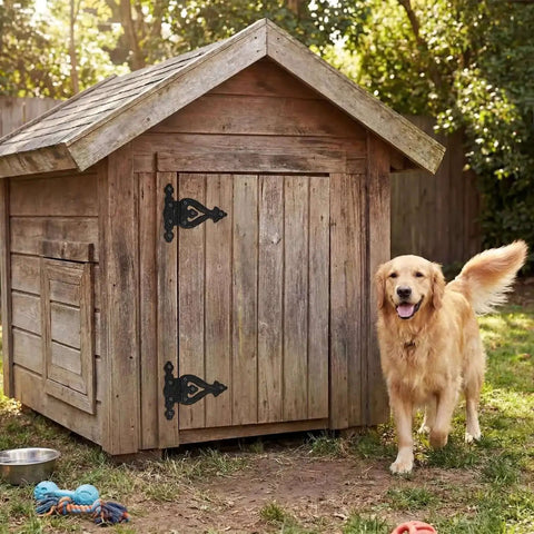 Large wooden dog house fitted with Set of 4 Antique Cast Iron T Hinges 5.3 Inch Built Tough Heavy Duty Black Powder Coated Flush Mount Hinges.