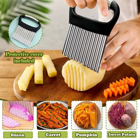 Crinkle Cutter For Veggies Wavy Chopper For French Fries And Waffle Fries Stainless Steel Pro Grade Crinkle Cut Fry Tool For Potatoes Carrots And Cucumbers With Ultra Sharp Blade For Restaurant Style Cuts shown slicing potato