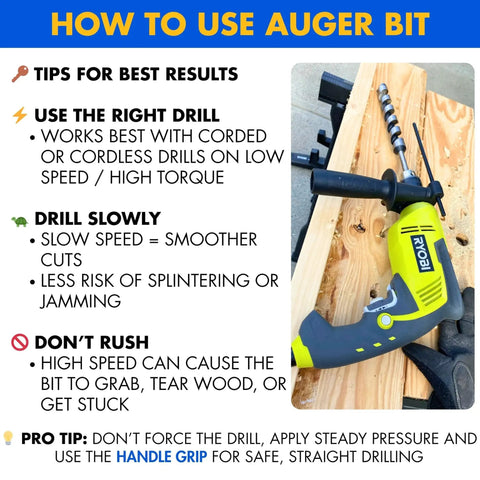 Half Inch By Twelve Inch Auger Drill Bit With Three Eighths Inch Hex Shank installed in drill, woodworking tips infographic