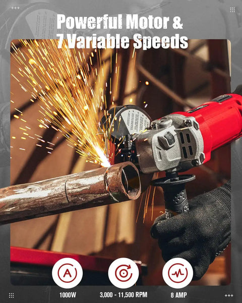 4-1/2 Inch Angle Grinder With 1000W Motor, 8 Amp, 7 Variable Speeds From 3,000 To 11,500 RPM, Paddle Switch With Lock On, Red Power Tool in use cutting metal.