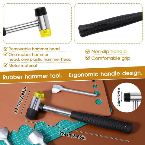 Ergonomic handle rubber hammer from 15 Piece Leather Corner Punch Set With Double Sided Rubber Hammer Half Round And Quarter Round Punches Arc Shaped Leather Cutters For DIY Straps Belts Wallets Bags And More 10 To 40 mm Size Range.