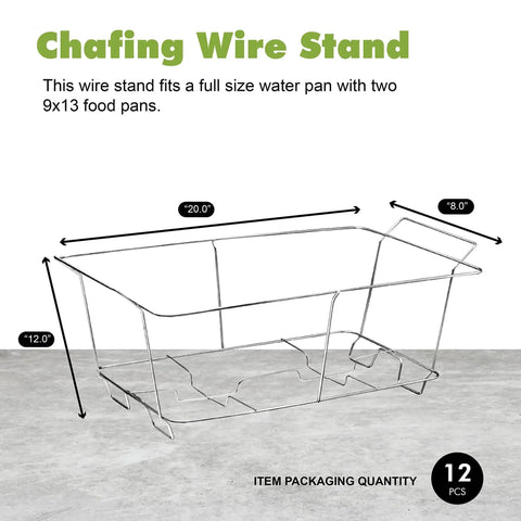 Chafing Wire Rack Buffet Stand 12 Pack, full size, chrome-finish, ideal for dish serving trays, and food warmers with built-in handles.