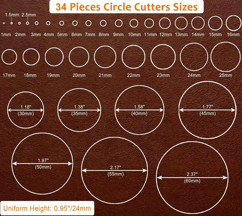 Pro Grade Leather Circle Cutter Tool Set 34-Piece Circle Punch Kit For DIY Leathercrafts showing punches from 1mm to 60mm sizes.