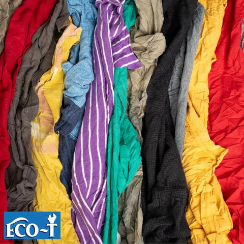 Industrial Mechanic Shop Rags Four Pound Bag Made From 100 Percent Recycled Colored T Shirt Material in mixed colors.