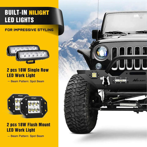 Heavy Duty Front Bumper With Winch Plate For 2007-2018 Jeep Wrangler JK And JKU with built-in LED lights shown on vehicle front view