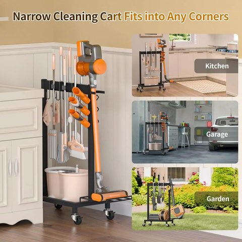 Beefed Up Cleaning Supplies Organizer And Broom Mop Holder Cart With Wheels for kitchen, garage, and garden storage