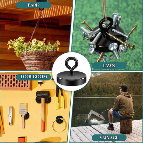Heavy Duty Fishing Magnet 2 Inch Eyebolt Neodymium 350 Pound Lifting Handle with diverse uses in park, lawn, tool room, salvage.