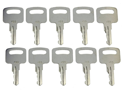 10-pack of silver ignition keys 455 for scissor and boom lifts Genie Skyjack Terex Snorkel Upright displayed in rows.