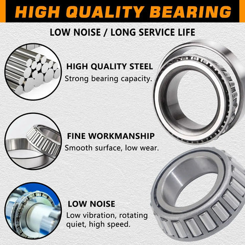 All In One 2 Pack Trailer Hub Bearing Kit For 1-1/16 Inch D Style Axles GREPSPUD With L44649 And L44610 Bearings, image features bearing materials and quality description