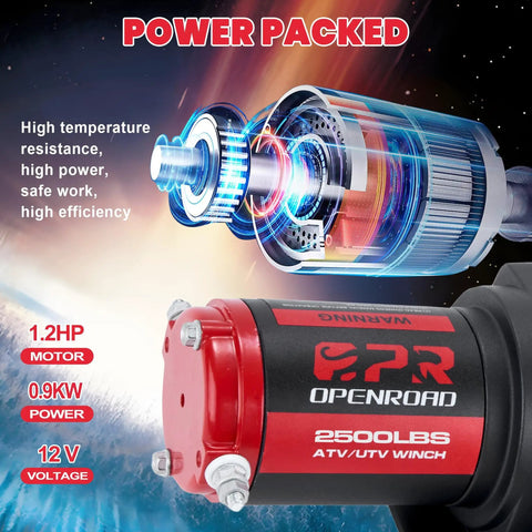 Beefed Up Heavy Duty 2500 Lb 12V ATV UTV Winch With Waterproof Electric Motor showing 1.2HP motor and specifications.