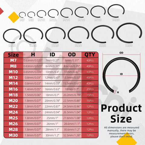 Size chart for Grab-N-Go Must-Have 322Pcs 14 Size 65Mn Steel Round Wire Snap Rings Kit External Retaining C Clips For Holes M7 to M30.