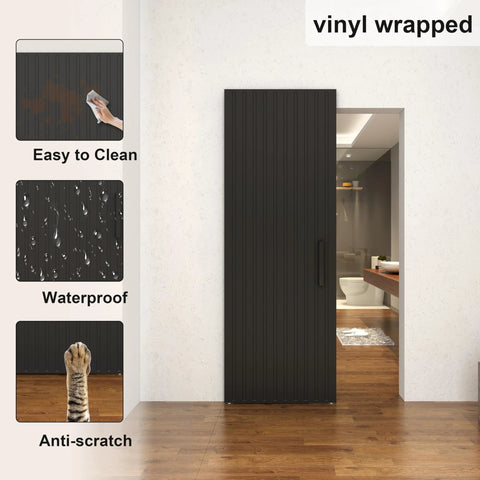 Concealed Sliding Barn Door with Soft Close for Interior Use, Black Vinyl Wrapped Hidden Barn Door, 30x84 inches installed view