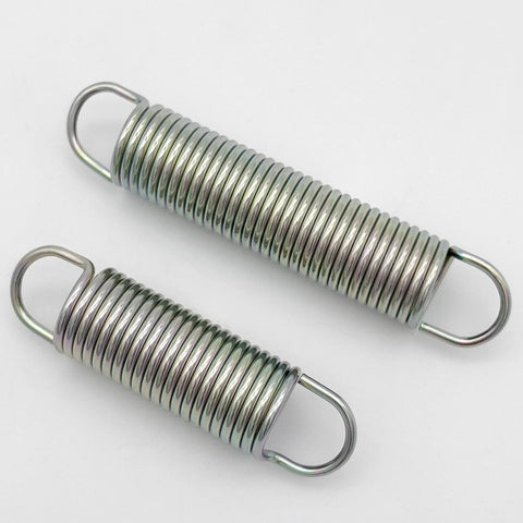 Two zinc-plated extension springs with single loops, 0.072 in wire, 5/8 in coil diameter, 2-1/2 in and 3-1/4 in long.