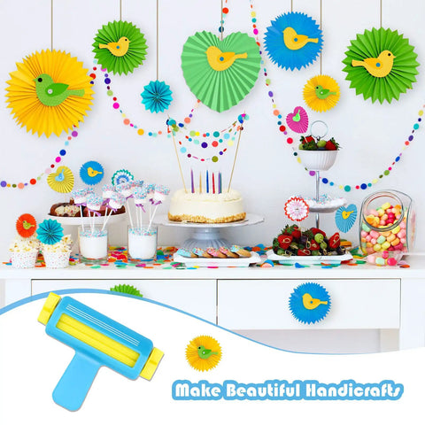 Wave Shaper Paper Crimper For Crafts AngleKai Craft Crimper Tool on a colorful party decoration background with blue and yellow accents.