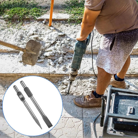 Worker using 2 Pack Jack Hammer Chisel Set With 1 1/8 Inch Hex Shank Point And Flat Concrete Chisels For Demolition Breaker Drills Ready To Tackle Tough Concrete By LOPYXBR, with jack hammer breaking concrete.