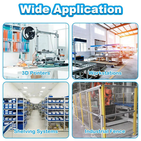 Visual of wide application for 100Pcs M5 Sliding T Nuts For 20X20 Aluminum Extrusion in 3D printers, workstations, shelves, and fences.