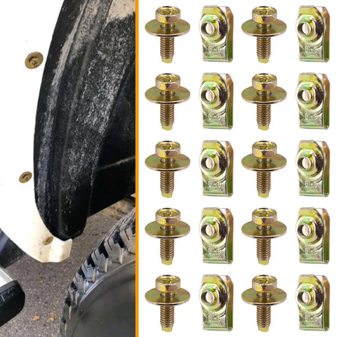 Heavy Duty 20x M6 1.0 Car Body Bolts With 10mm Hex Head And 17mm Washer Plus 20x U Nuts Clips Under Tray Splash Shield Fasteners Yellow Zinc Finish