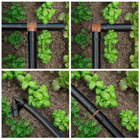 Arfun 28P drip irrigation fittings kit for 17 mm / 1/2 in tubing with brown barbed connectors on black tubing