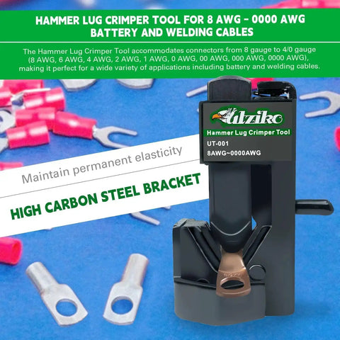 Beefy Hammer Lug Crimp Tool For 8 AWG To 0000 AWG Battery And Welding Cables on display with cable lugs